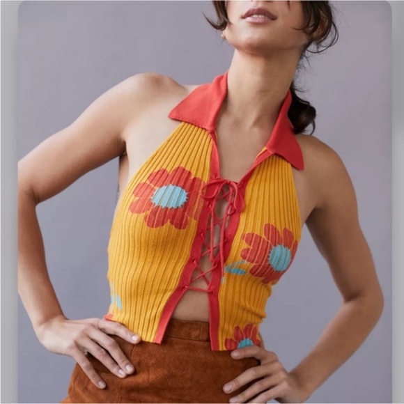 Urban Outfitters Tops - NWT Urban Outfitters Zoe Floral Ribbed Tie Front Halter Top M